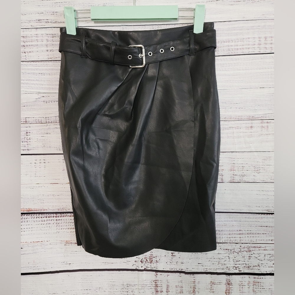 Express S0 Belted Wrap Fux Black Leather Skirt - Picture 3 of 8